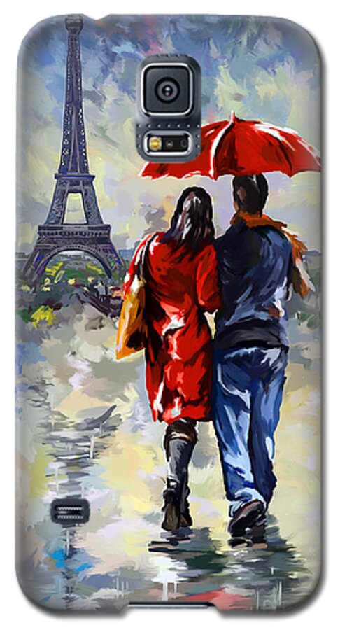 Walking Galaxy S5 Case featuring the painting couple walking in the rain Paris by Tim Gilliland