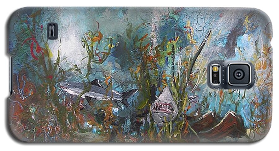 Deep Danger Ocean Water Shark Fish Weed Wave Blue Sea Acrylic On Canvas Print Seascape Seaweed Colors Sand Bottom Wreckage Wreck Galaxy S5 Case featuring the painting Deep Danger by Miroslaw Chelchowski