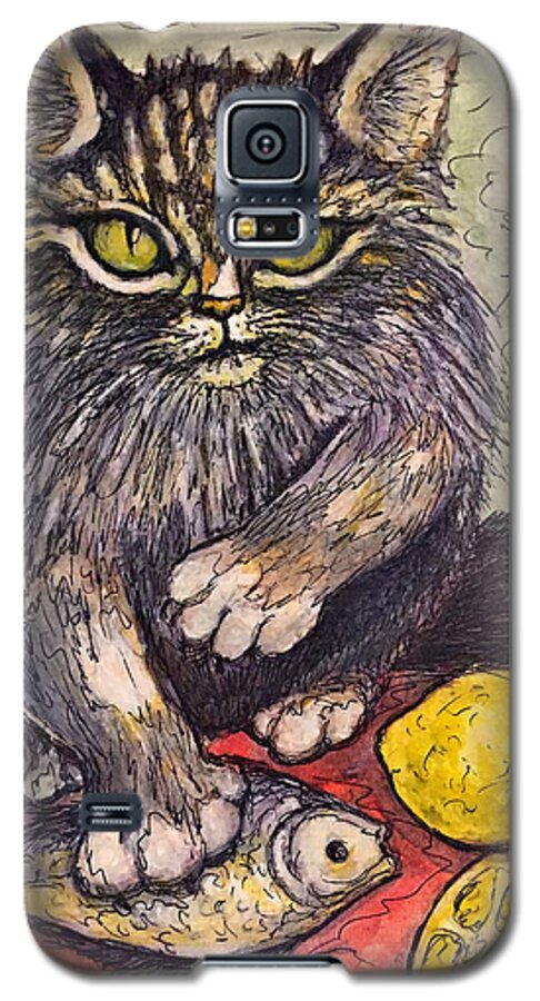 Cat Galaxy S5 Case featuring the painting Don't Touch My Lunch by Rae Chichilnitsky