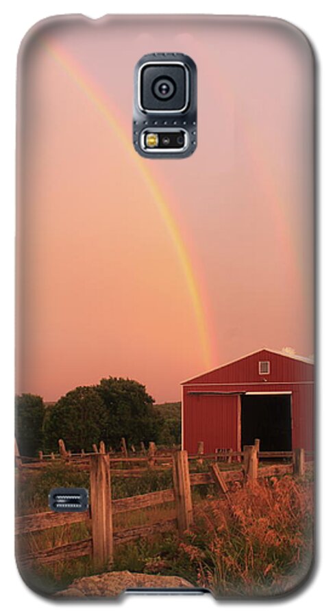 Rainbow Galaxy S5 Case featuring the photograph Double Rainbow over Red Barn by John Burk