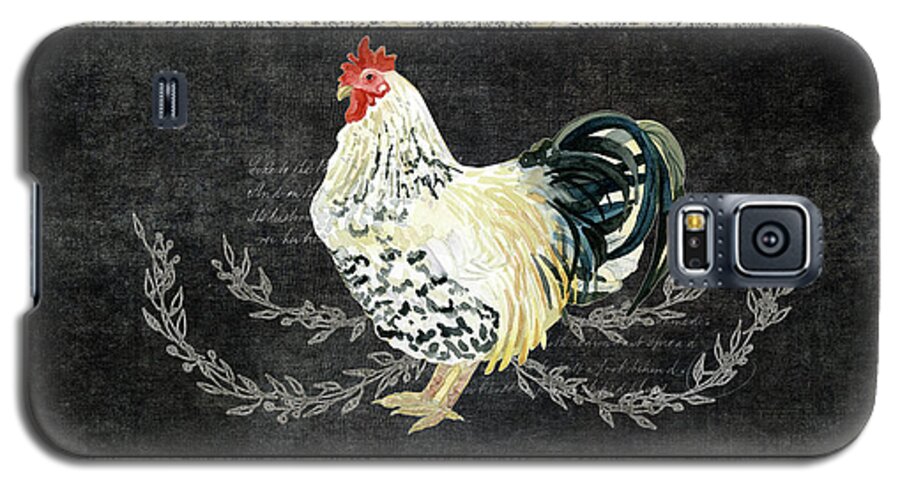 Harlequin Pattern Galaxy S5 Case featuring the painting Farm Fresh Rooster 3 - On Chalkboard w Diamond Pattern Border by Audrey Jeanne Roberts