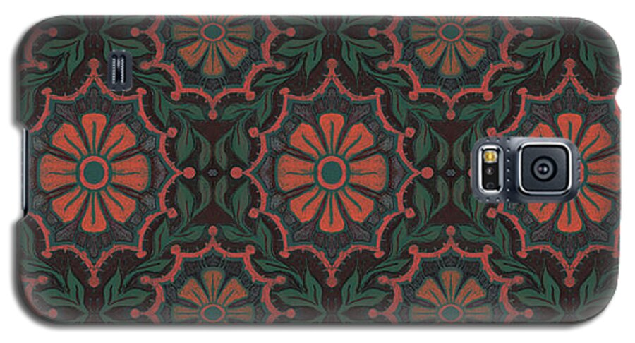 Green Galaxy S5 Case featuring the digital art Folk flower, floral pattern, orange, green and black by Julia Khoroshikh