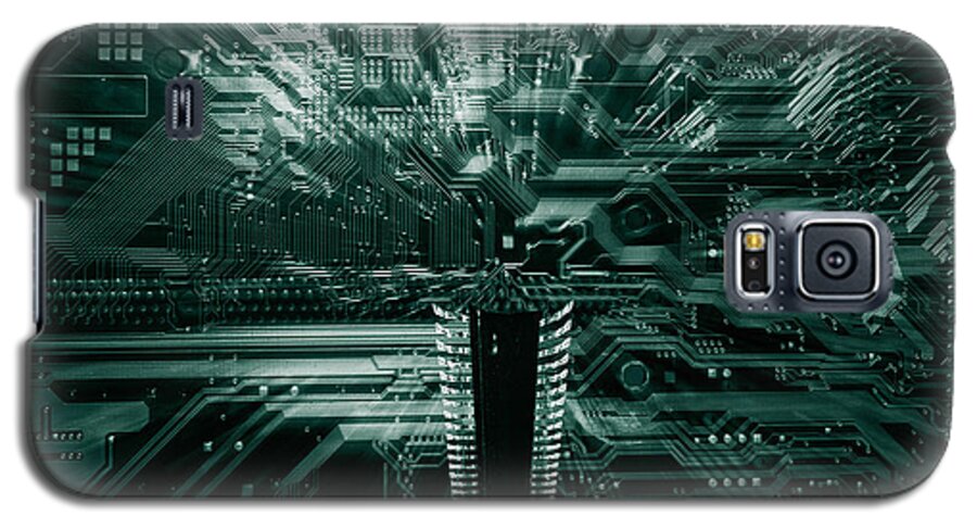 Microchip Galaxy S5 Case featuring the photograph Ginat Microchip Hovering Above Circuit-board by Christian Lagereek