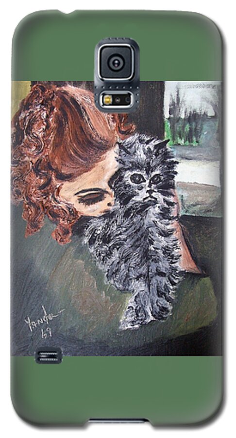 Katt Yanda Original Art Portrait Oil Painting Girl Lady Woman Hold Cat Kitty Galaxy S5 Case featuring the painting Girl Holding Kitty by Katt Yanda