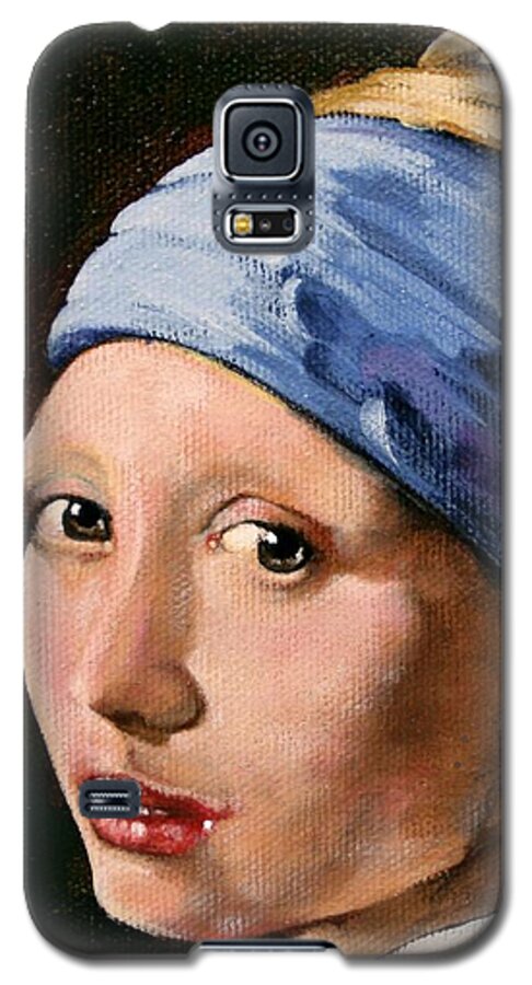 Portrait Galaxy S5 Case featuring the painting Girl with a Pearl Earring a Reproduction of Vermeer by Joan Garcia