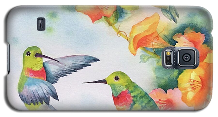 Hummingbirds Galaxy S5 Case featuring the painting Hummingbirds with Orange Flowers by Hilda Vandergriff