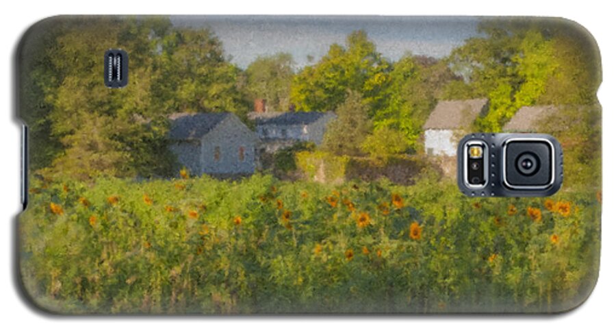 Landscape Galaxy S5 Case featuring the painting Langwater Farm Sunflowers and Barns by Bill McEntee