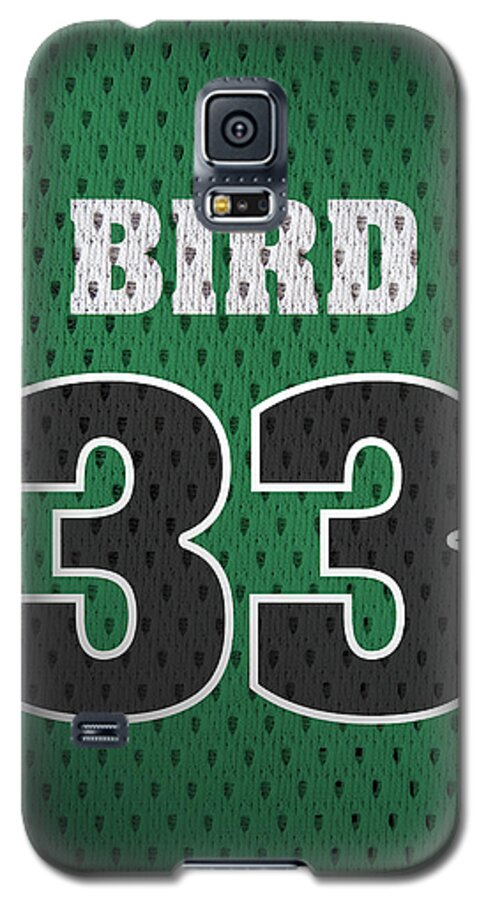 Larry Bird Galaxy S5 Case featuring the mixed media Larry Bird Boston Celtics Retro Vintage Jersey Closeup Graphic Design by Design Turnpike