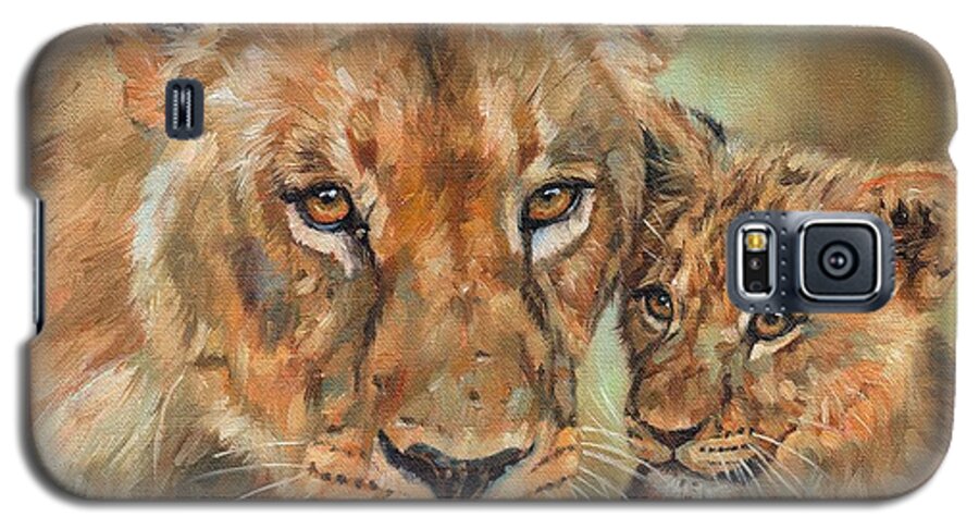 Lion Galaxy S5 Case featuring the painting Lioness and Cub by David Stribbling