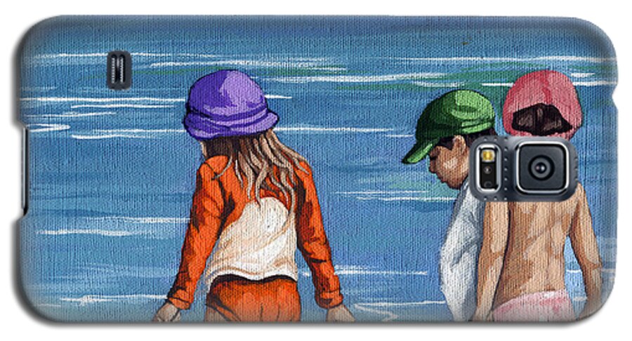 Beach Galaxy S5 Case featuring the painting Looking for Seashells Children on the beach figurative original painting by Linda Apple
