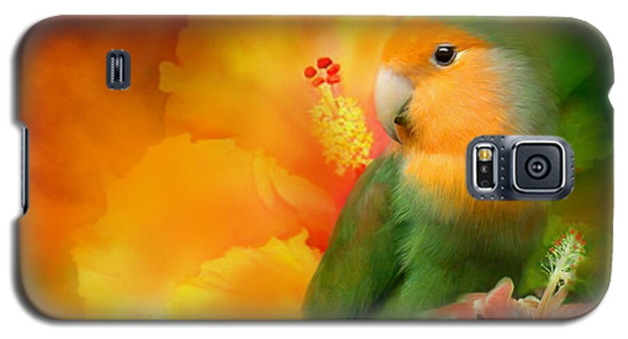 Lovebird Galaxy S5 Case featuring the mixed media Love Among The Hibiscus by Carol Cavalaris