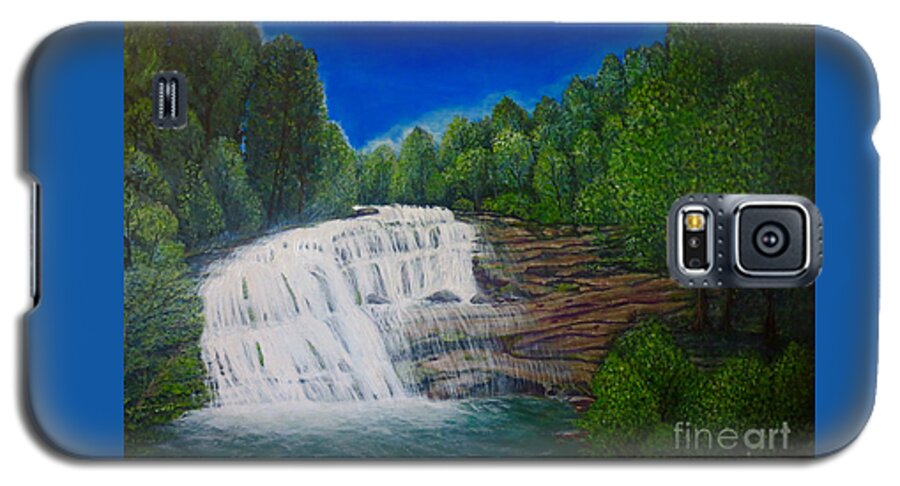 Bald River Falls Full Cascading Waterfall Blue Skies Overhead And Lined With Deciduous And Evergreen Trees On Either Side Clear Blue Green Water With White Water Pooling At Bottom Sunlight On River Rock Balance Of Cool And Warm Tones Waterfall Nature Scenes Acrylic Waterfall Painting Galaxy S5 Case featuring the painting Majestic Bald River Falls of Appalachia II by Kimberlee Baxter