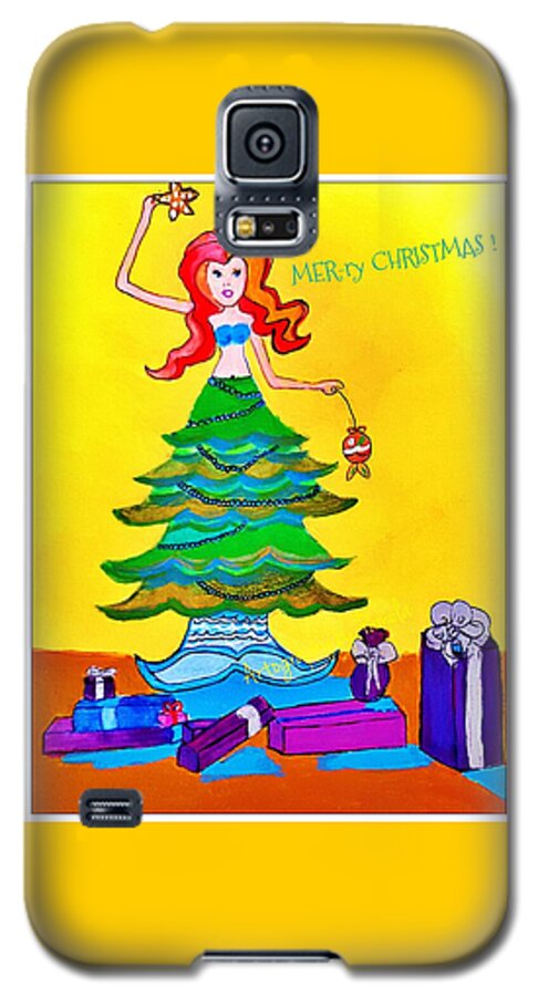 Christmas Mermaid Galaxy S5 Case featuring the painting Mer-ry Christmas Mermaid Tree  by Pamela Smale Williams
