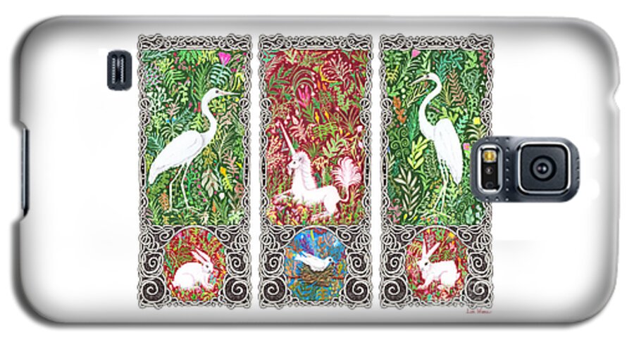 Lise Winne Galaxy S5 Case featuring the drawing Millefleurs Triptych with Unicorn, Cranes, Rabbits and Dove by Lise Winne