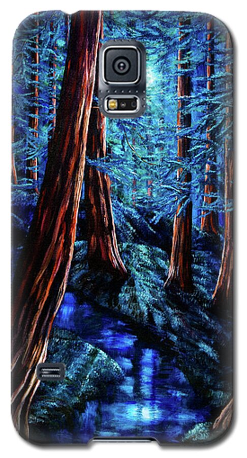 Moon Galaxy S5 Case featuring the painting Moonrise over the Los Altos Redwood Grove by Laura Iverson