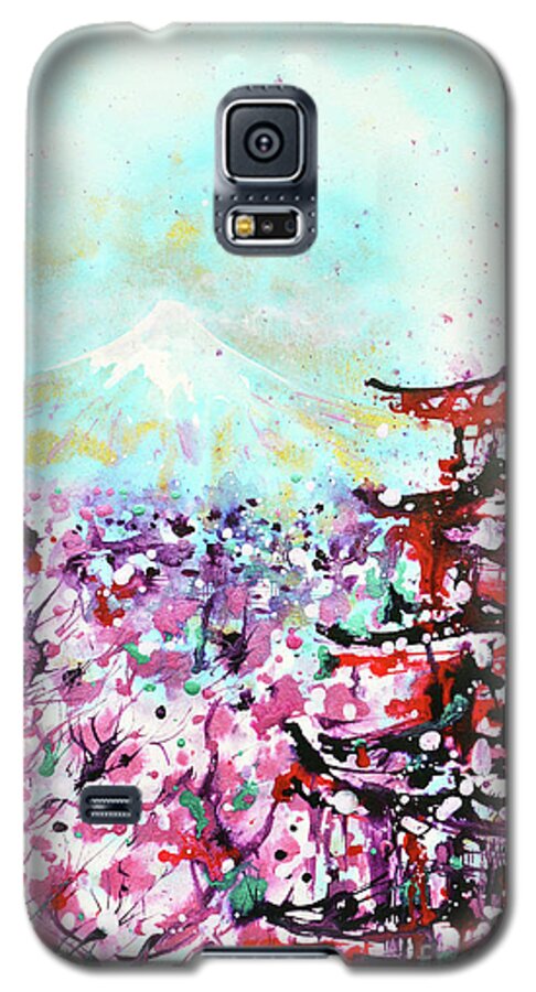 Fuji Galaxy S5 Case featuring the painting Mount Fuji and the Chureito Pagoda in Spring by Zaira Dzhaubaeva