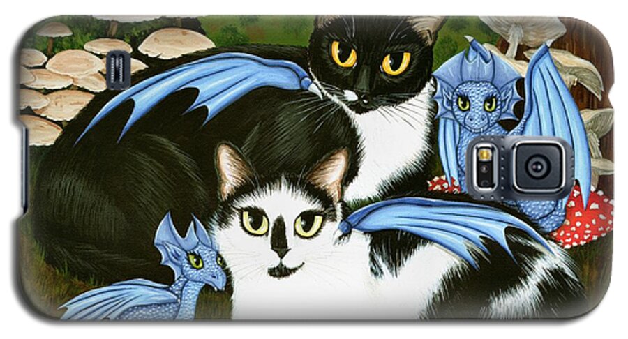 Tuxedo Cat Galaxy S5 Case featuring the painting Nami and Rookia's Dragons - Tuxedo Cats by Carrie Hawks