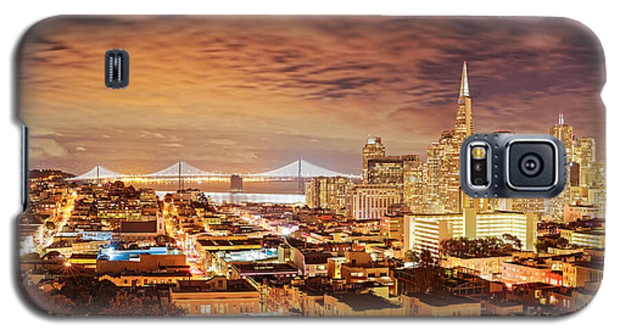 Downtown Galaxy S5 Case featuring the photograph Night Panorama of San Francisco and Oak Area Bridge from Ina Coolbrith Park - California by Silvio Ligutti