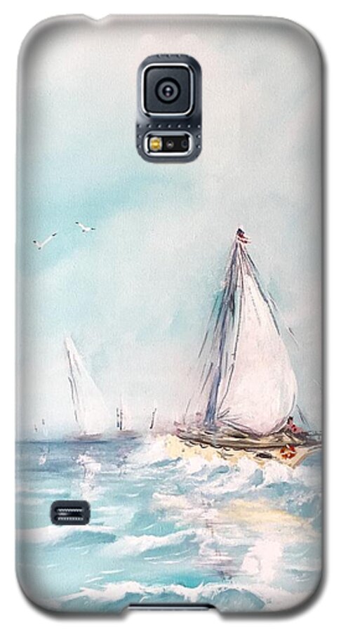 Ocean Blues Water Sea Sailing Ship Boat Wave Blue White Harbor Seascape Sky Cloud Acrylic On Canvas Print Painting Galaxy S5 Case featuring the painting Ocean blues by Miroslaw Chelchowski