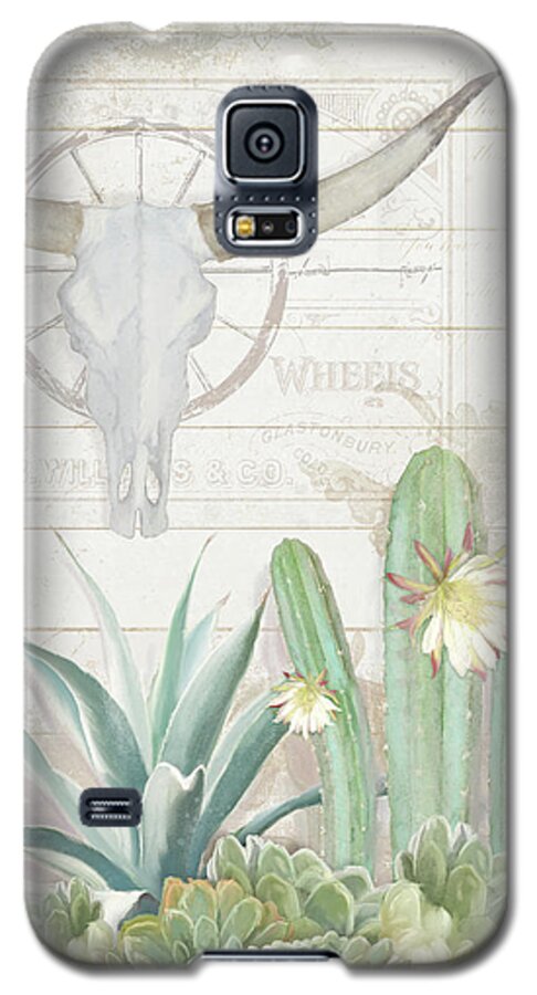 Longhorn Cow Skull Galaxy S5 Case featuring the painting Old West Cactus Garden w Longhorn Cow Skull n Succulents over Wood by Audrey Jeanne Roberts