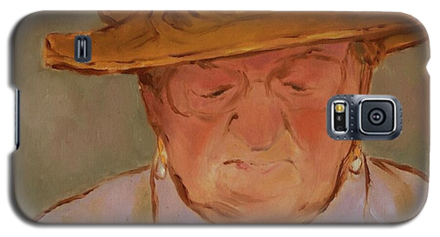 Portrait Galaxy S5 Case featuring the painting Old Woman with Yellow Hat by Attila Meszlenyi