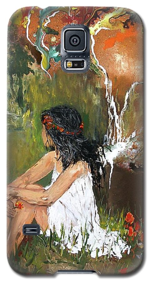 Open Minded Waterfall Water Girl Woman Flowers Sunrise Stream Forest Nymph Trees Mountain Abstract Painting Print Thinking Thoughtful Day-light Frock Galaxy S5 Case featuring the painting Open-minded by Miroslaw Chelchowski