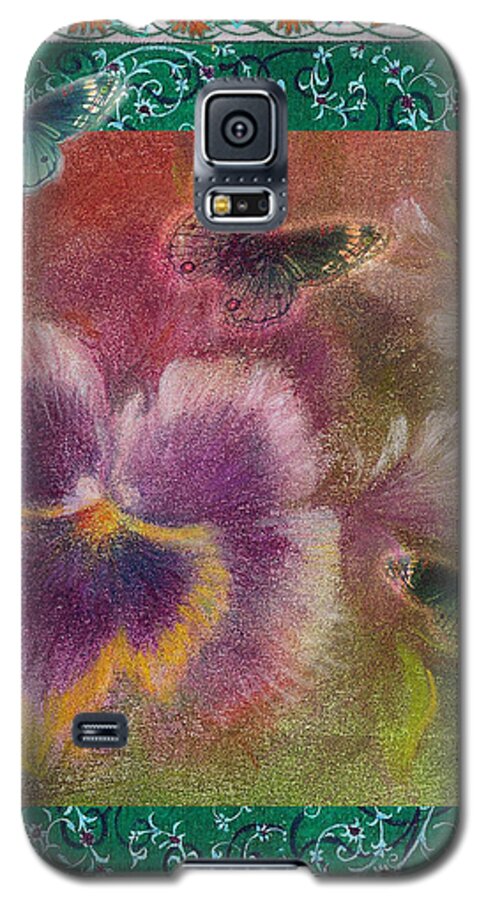 Illustrated Pansy Galaxy S5 Case featuring the painting Pansy Butterfly Asianesque border by Judith Cheng