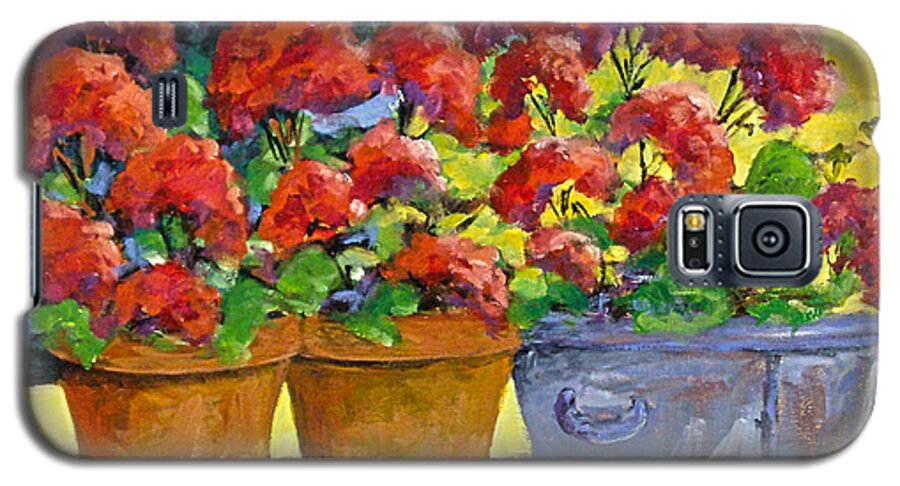 Still Life; Geraniums; Flowers; Terra Cotta; Red; Blue; Yellow; Green; Pranke; Galaxy S5 Case featuring the painting Passion In Red by Richard T Pranke