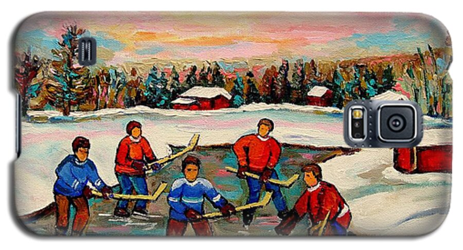 Montreal Galaxy S5 Case featuring the painting Pond Hockey Countryscene by Carole Spandau