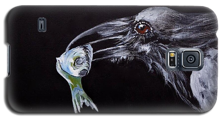 Raven Galaxy S5 Case featuring the painting Raven with Fish by Pat Dolan