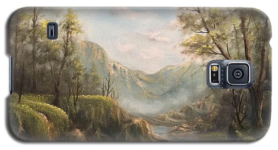 Landscape Lake Mountains Rocky Ridge Trees Oak Pine Nature Wild Secluded Country Galaxy S5 Case featuring the painting Reflections of calm by Justin Wozniak