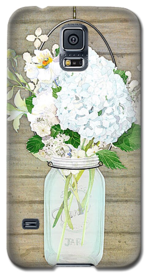 White Hydrangea Galaxy S5 Case featuring the painting Rustic Country White Hydrangea n Matillija Poppy Mason Jar Bouquet on Wooden Fence by Audrey Jeanne Roberts
