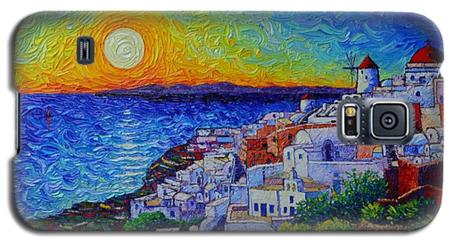 Santorini Galaxy S5 Case featuring the painting SANTORINI OIA SUNSET modern impressionist impasto palette knife oil painting by Ana Maria Edulescu by Ana Maria Edulescu