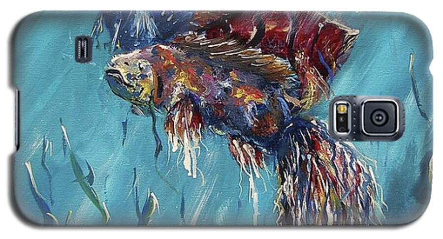 Miroslaw Chelchowski Shine Trough The Ocean Acrylic On Canvas Seascape Fish Tropical Light Blue Beauty Seaweed Water Under The Sea Life Red Colors Three Pink Painting Print Galaxy S5 Case featuring the painting Shine trough the ocean by Miroslaw Chelchowski