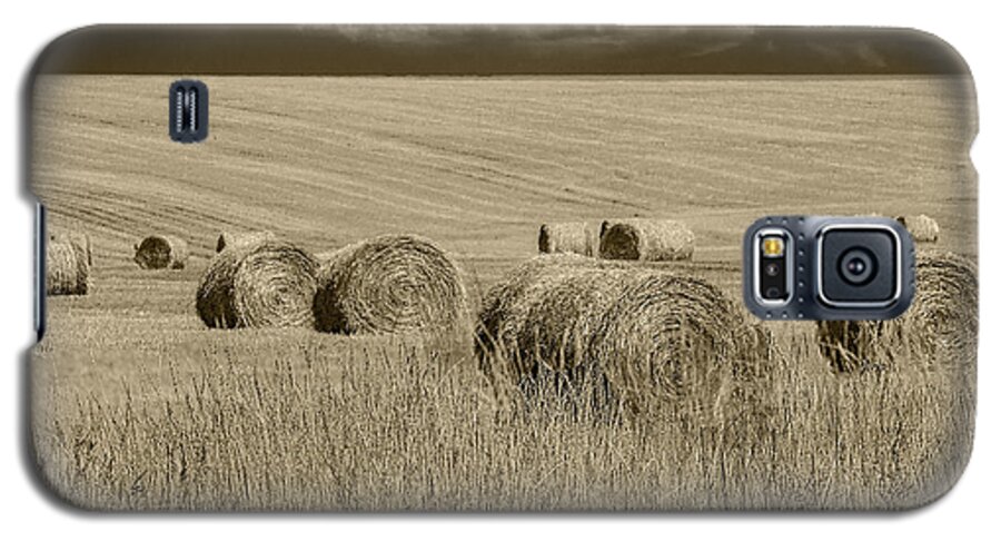 Art Galaxy S5 Case featuring the photograph Summer Harvest Field with Hay Bales in Sepia by Randall Nyhof