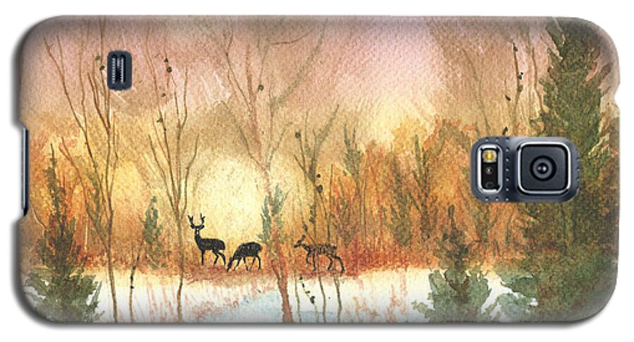 Deer Galaxy S5 Case featuring the painting Sunset in the Winter Forest by Elise Boam
