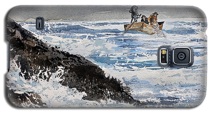 Three Fishermen In A Boat Are Using A Net To Catch Fish. A Rugged Shoreline Is Nearby. Galaxy S5 Case featuring the painting Tending The Net by Monte Toon