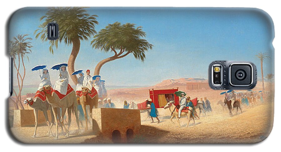 Blue Galaxy S5 Case featuring the painting The Empress Eugenie Visiting the Pyramids by Charles Theodore Frere