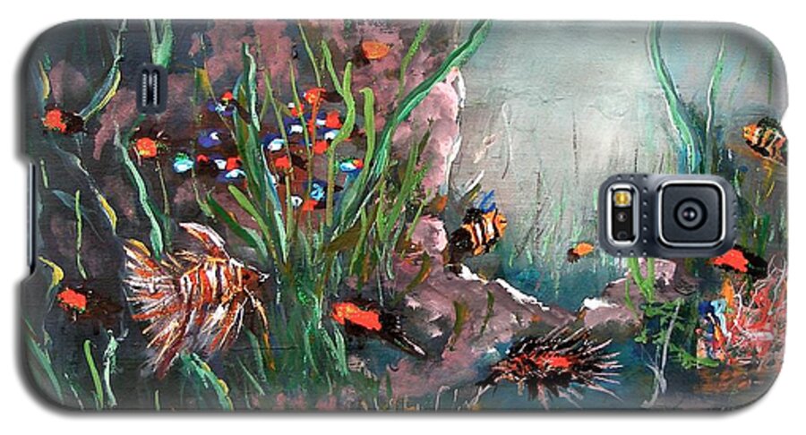 Under The Sea Colors Life Under Ocean Fish Water Cave Weed Swimming Beauty Fish Tank View Red Blue Wave Diving Angel Stone Dark Light Galaxy S5 Case featuring the painting Under the sea colors by Miroslaw Chelchowski