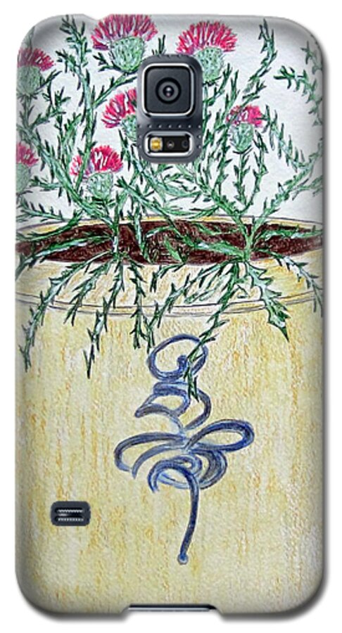 Vintage Galaxy S5 Case featuring the painting Vintage Bee Sting Crock and Thistles by Kathy Marrs Chandler