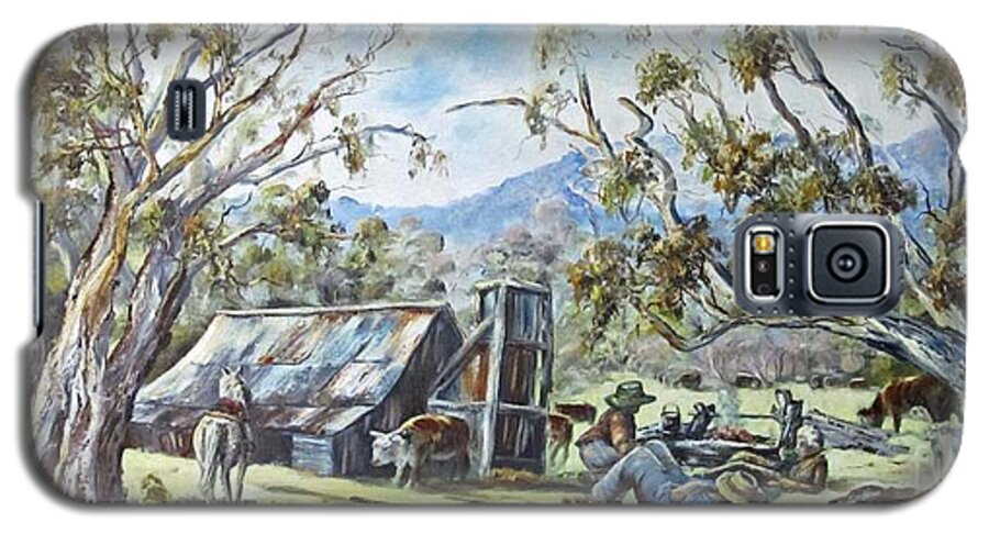 Wallace Hut Galaxy S5 Case featuring the painting Wallace Hut, Australia's Alpine National Park. by Ryn Shell