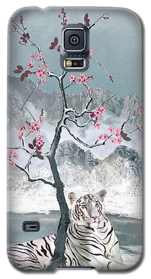 Tiger; Bengal; White Tiger; White; Winter; Snow; Mountains; Plum; Plum Tree; Blossoms; Plum Blossoms; Landscape; Asian; Chinese; China; Spadecaller; Digital; Digital Painting Galaxy S5 Case featuring the digital art White Tiger And Plum Tree by M Spadecaller