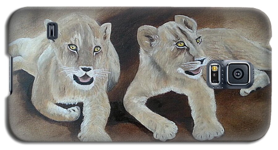 Lions Galaxy S5 Case featuring the painting Young Lions by Bev Conover
