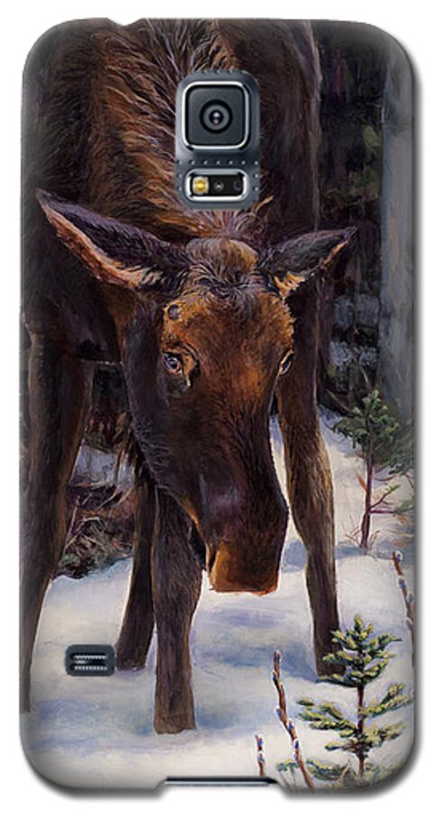Alaskan Wildlife Galaxy S5 Case featuring the painting Young Moose and Snowy Forest Springtime in Alaska Wildlife Home Decor Painting by K Whitworth