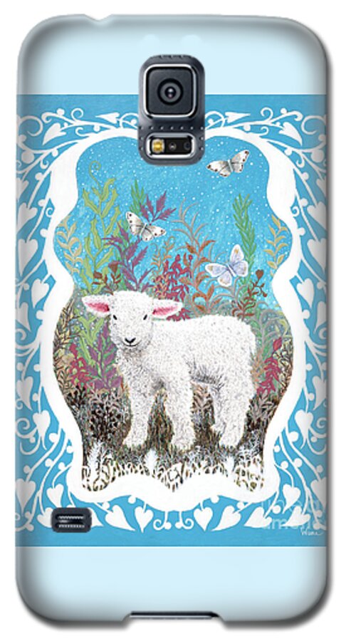 Lise Winne Galaxy S5 Case featuring the painting Baby Lamb with White Butterflies by Lise Winne