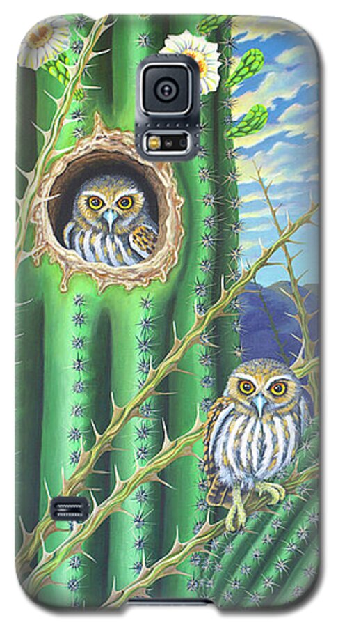 Saguaro Cactus Galaxy S5 Case featuring the painting Elf Owls in the Saguaro cactus by Tish Wynne