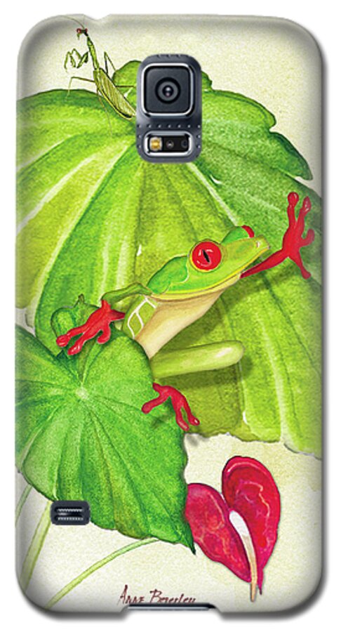 Frog Galaxy S5 Case featuring the painting Frog On Leaf by Anne Beverley-Stamps