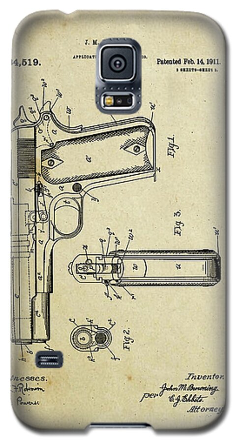 Firearm Galaxy S5 Case featuring the digital art M1911 Browning Pistol Patent by Pheasant Run Gallery