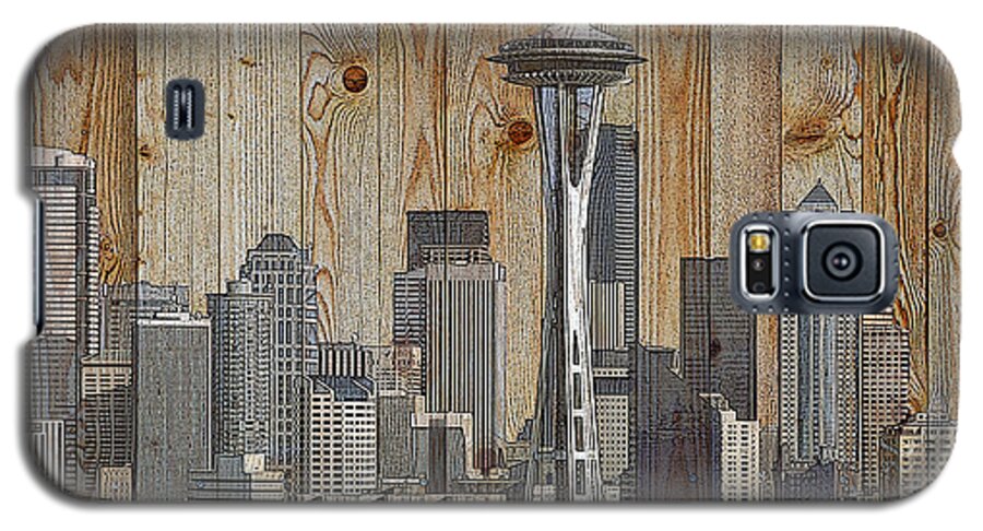 Seattle Galaxy S5 Case featuring the mixed media Skyline of Seattle, USA on Wood by Alex Mir