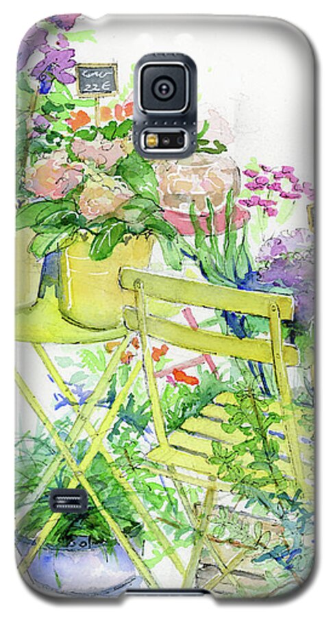 Parisian Flowers Galaxy S5 Case featuring the painting Yellow pots, chair and table top by Rebecca Matthews